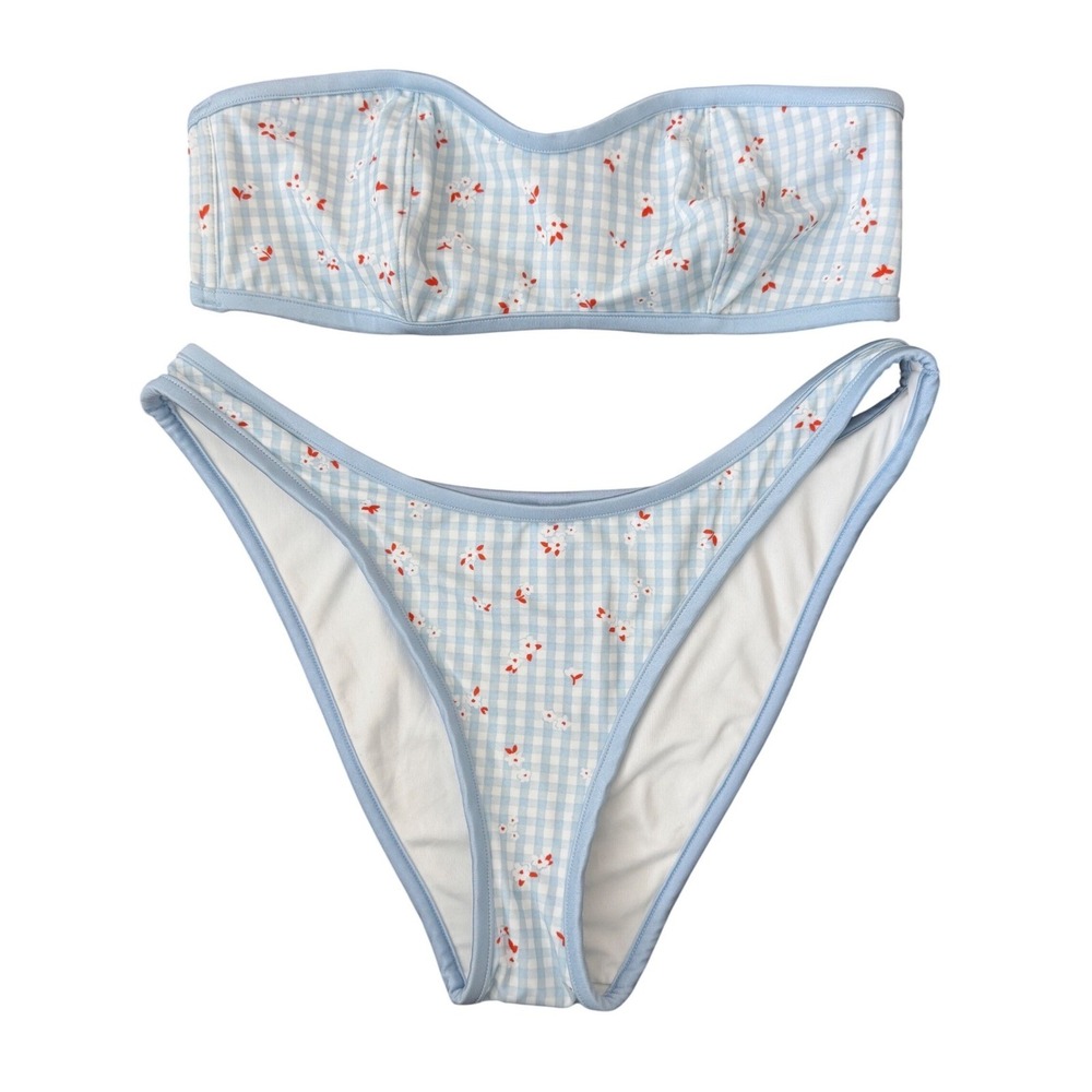 Victoria's Secret PINK x Frankies Bikinis Blue Gingham Floral Bikini Set L